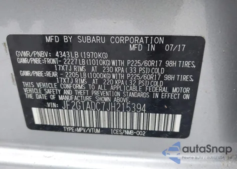 2018 Subaru Crosstrek 2.0I Premium z USA, uszkodzony, nr VIN JF2GTADC7JH215394